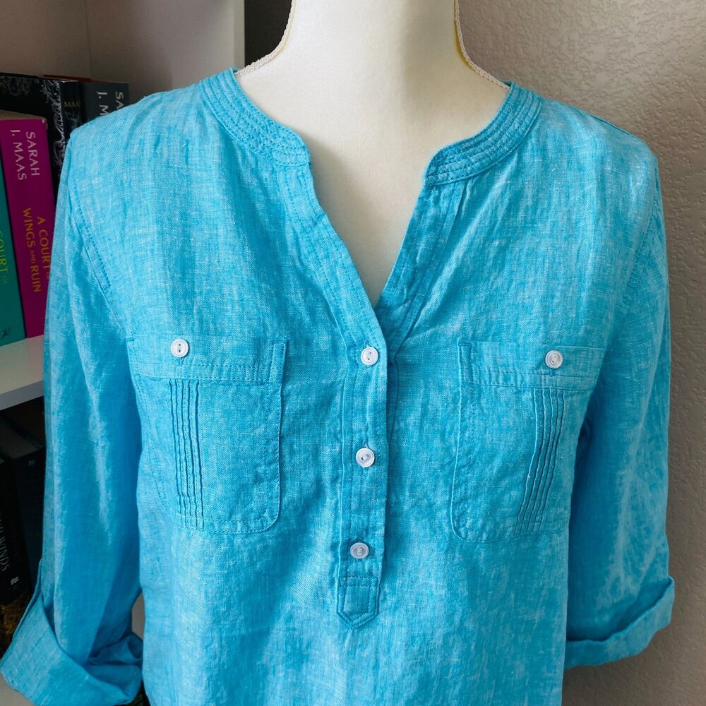 Talbots Turquoise Button‑Front Casual Top 100% Linen Shirt Size Medium - Picture 2 of 7